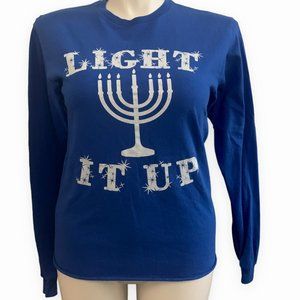 Men's Hanukkah “Light It Up” Blue Menorah Graphic Long Sleeve Holiday Tee | Sz M